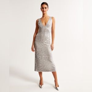 Abercrombie Sequin Plunge Midi Dress - Silver